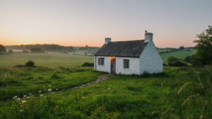 A small charming mini cottage with a bright porch light sits in a green field.
