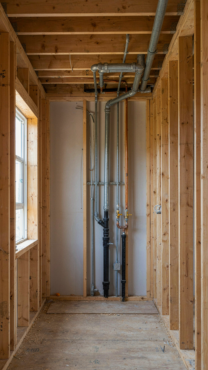 Exposed plumbing and HVAC ducts in a cottage frame, showing efficient routes.