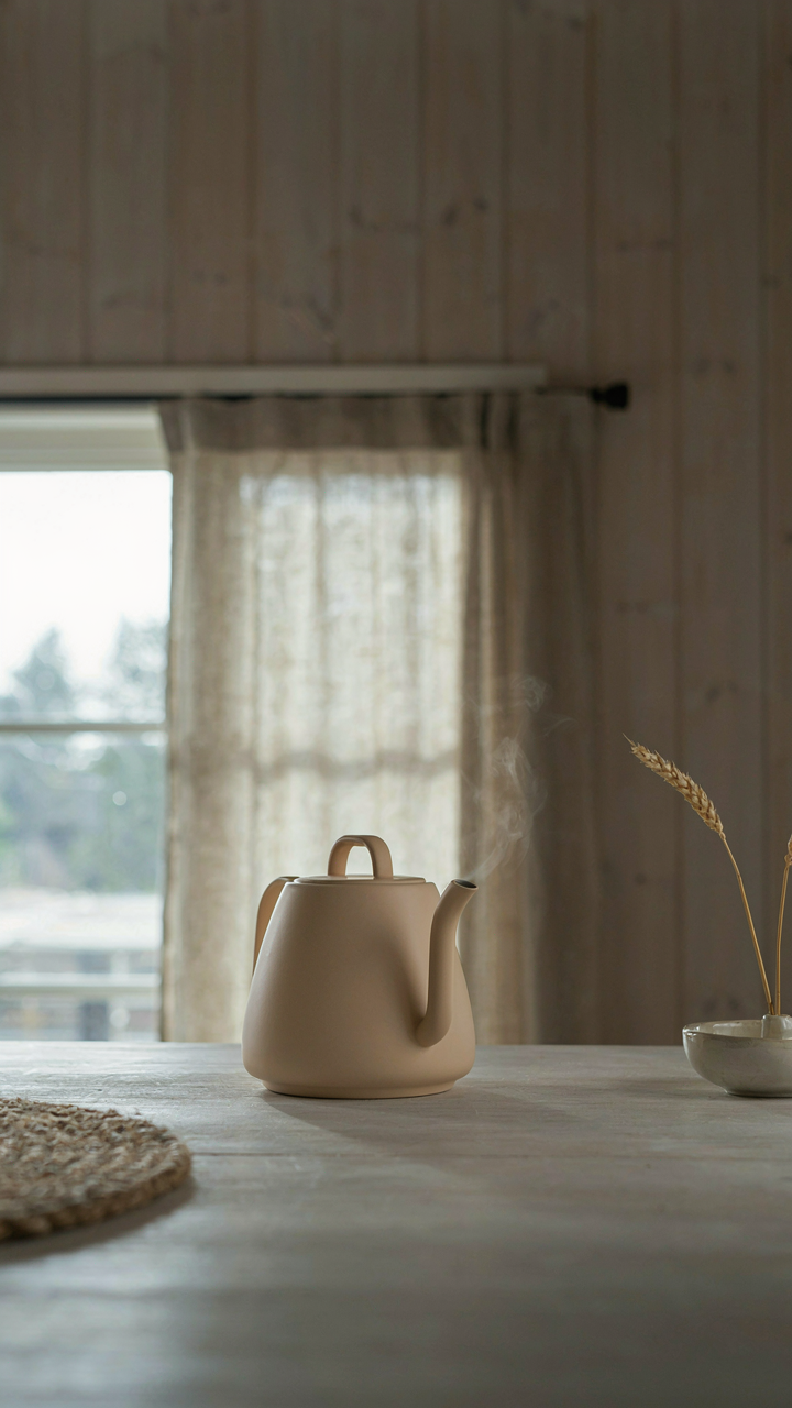 A solitary kettle rests on a pale wood counter in a minimal cabin kitchen.