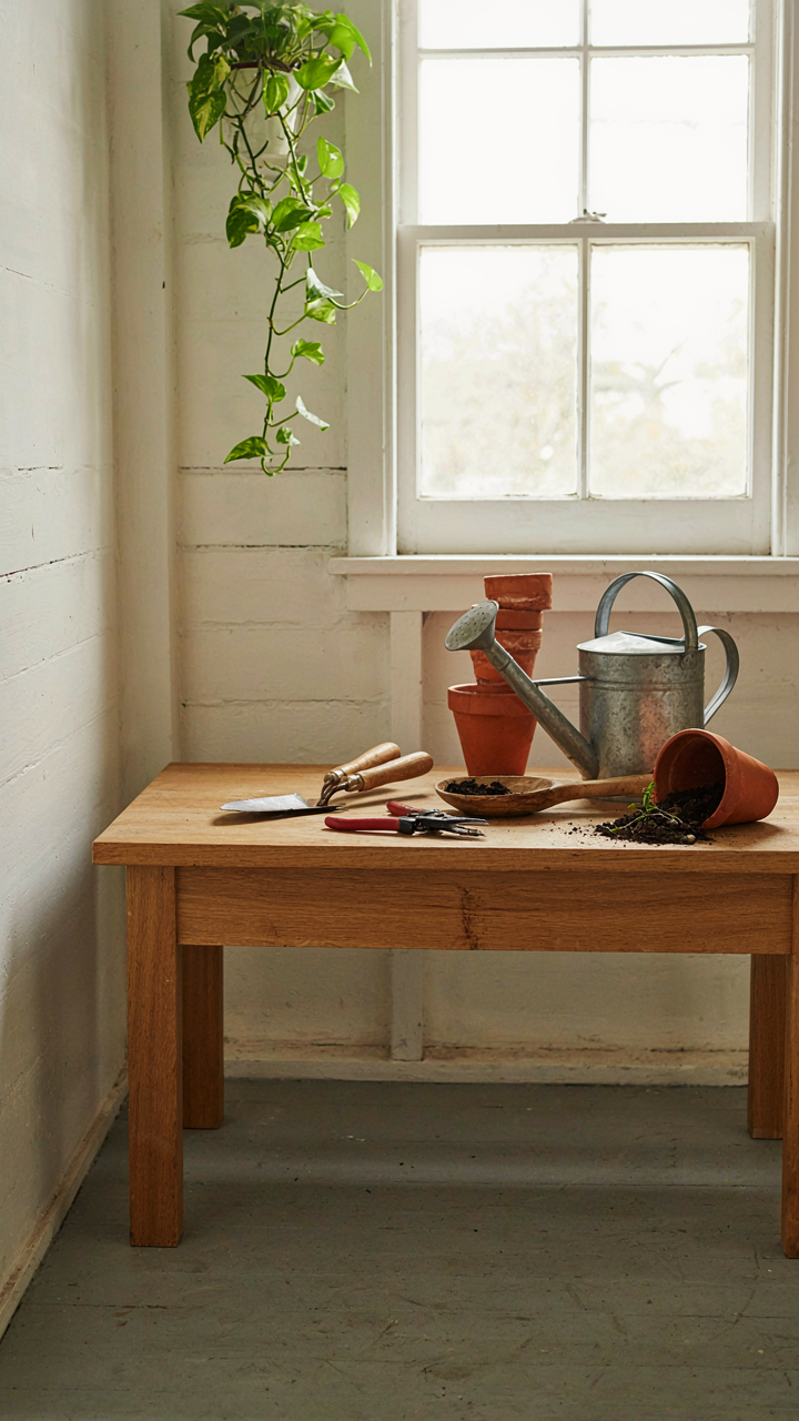 A clean potting bench holds five essential gardening tools.