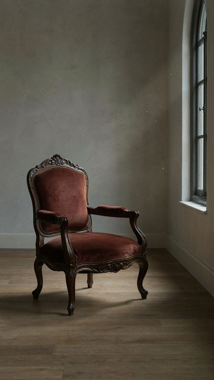 A single, heavy, hand-carved mahogany armchair in a sparse room.