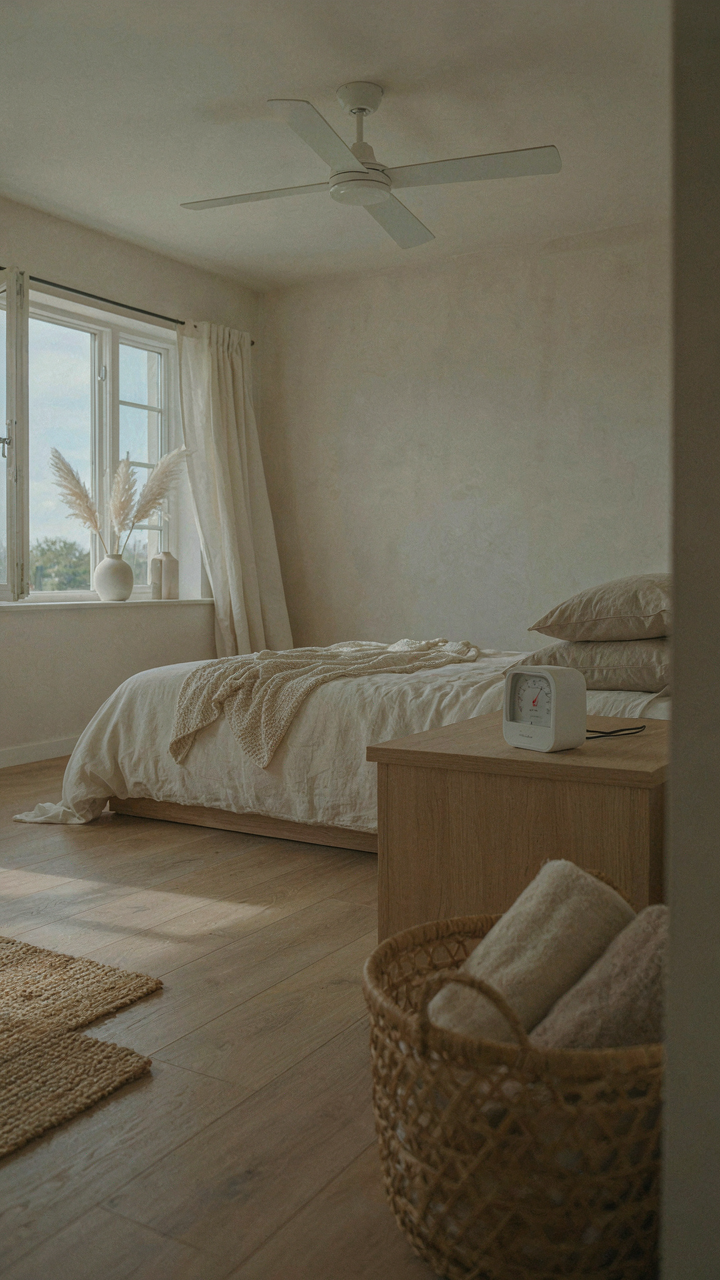 Hygrometer showing 55% humidity next to an open window in a coastal bedroom.