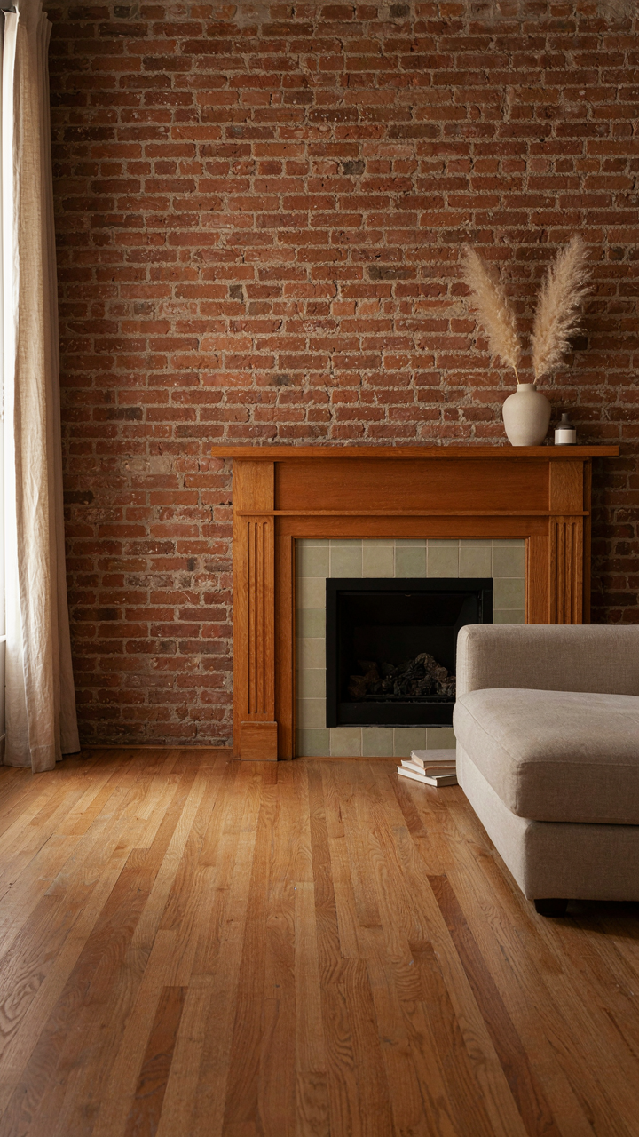 A Mission style craftsman fireplace with exposed brick and simple tile.