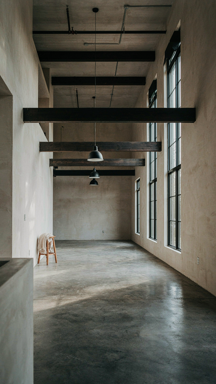A modern barndominium loft with exposed steel beams, concrete floor, and bare walls.
