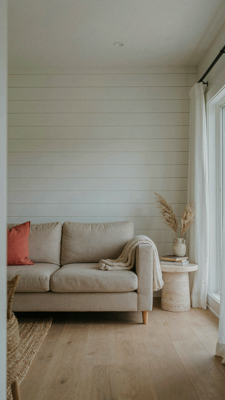 A modern beach cottage living room with a linen sofa and one coral pillow.