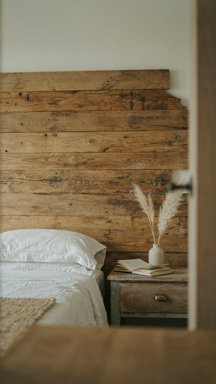 A reclaimed wood headboard showing natural imperfections in a bedroom.
