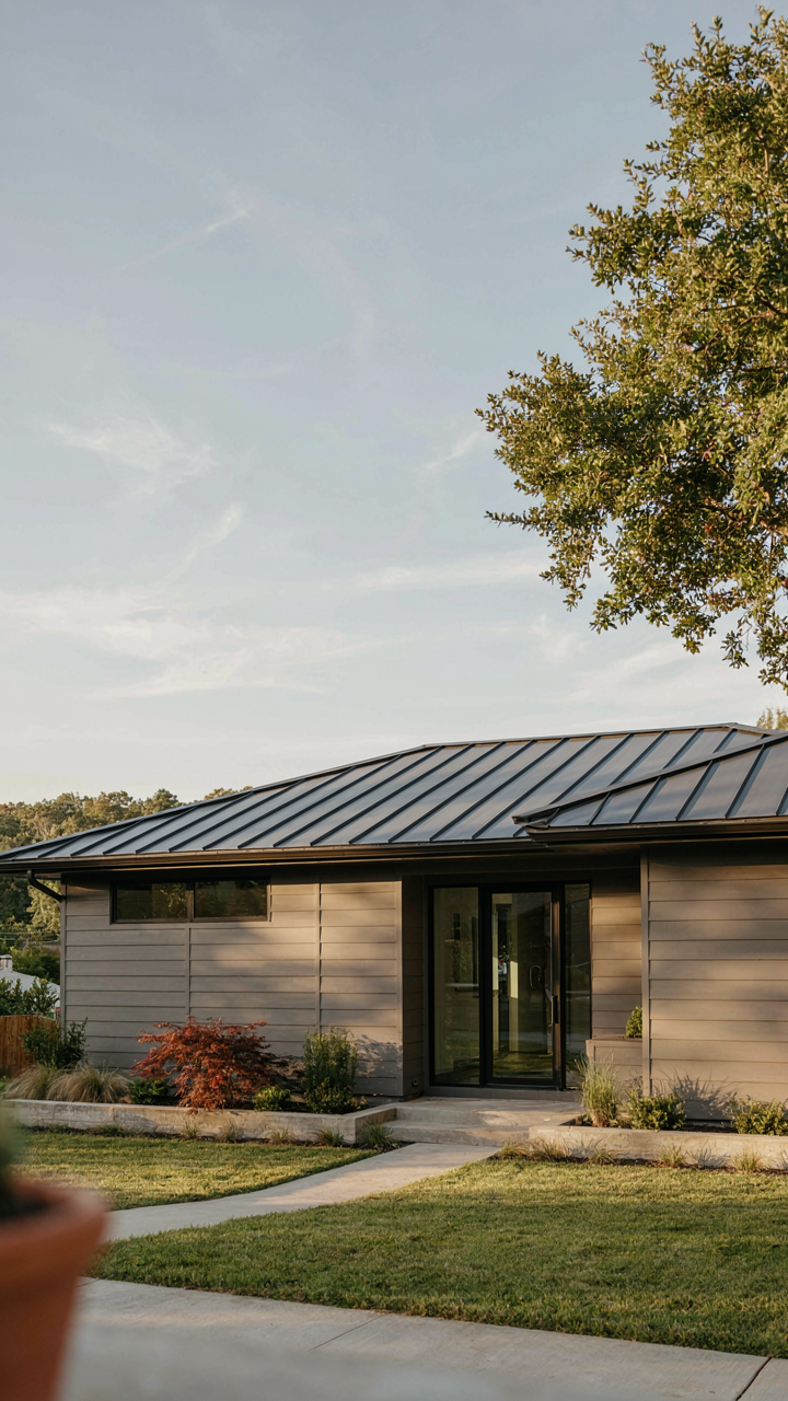 A modern bungalow exterior with clean lines and warm gray siding.