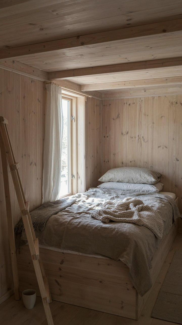A cozy, compact sleeping loft in a small scandinavian cabin.