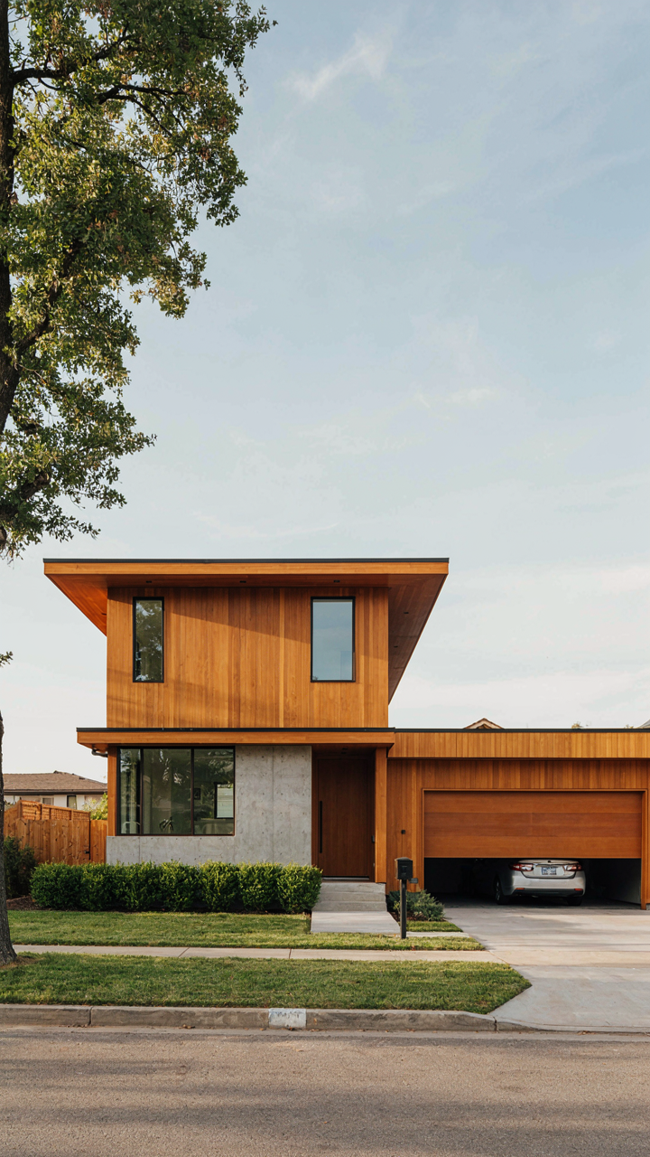 A modern cottage house with an integrated garage and simple, durable design.