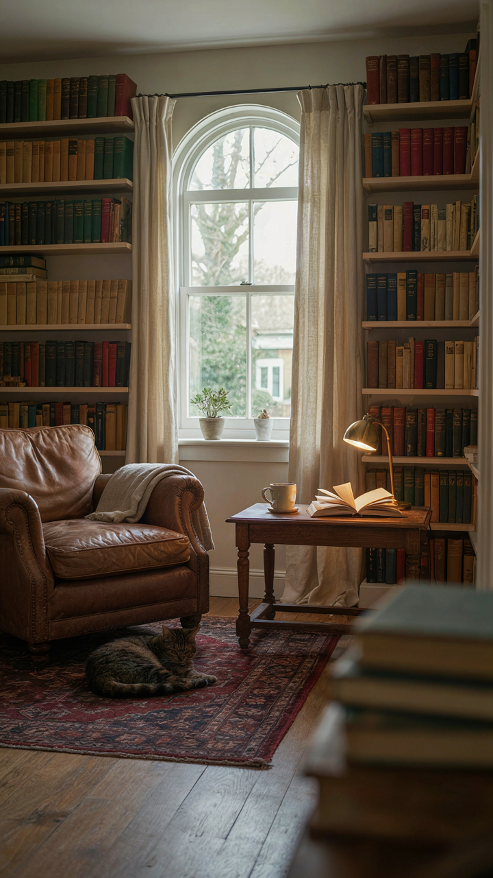 An organized cottage library with built-in shelves at different heights for books.