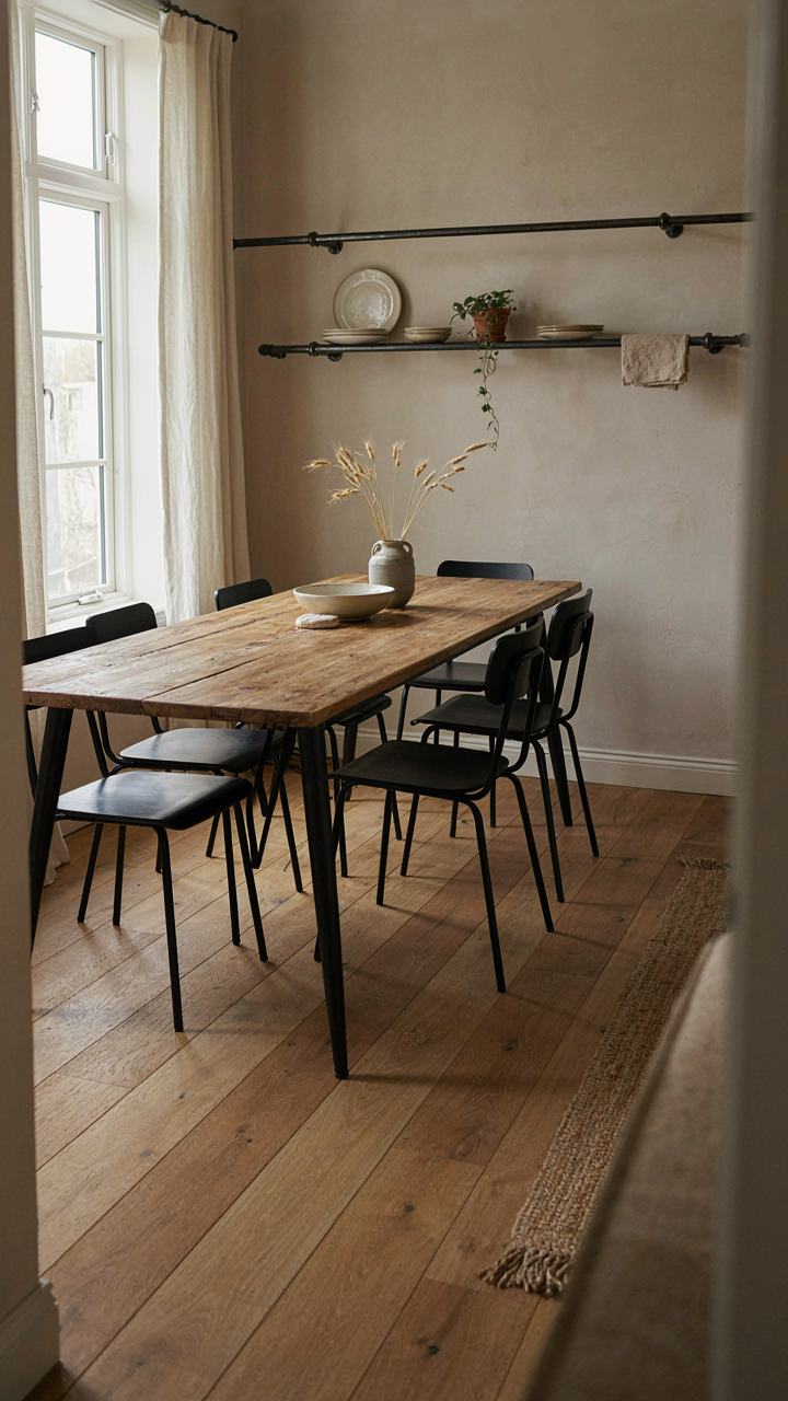 A modern country dining room blending wood, metal, and minimalist chairs.