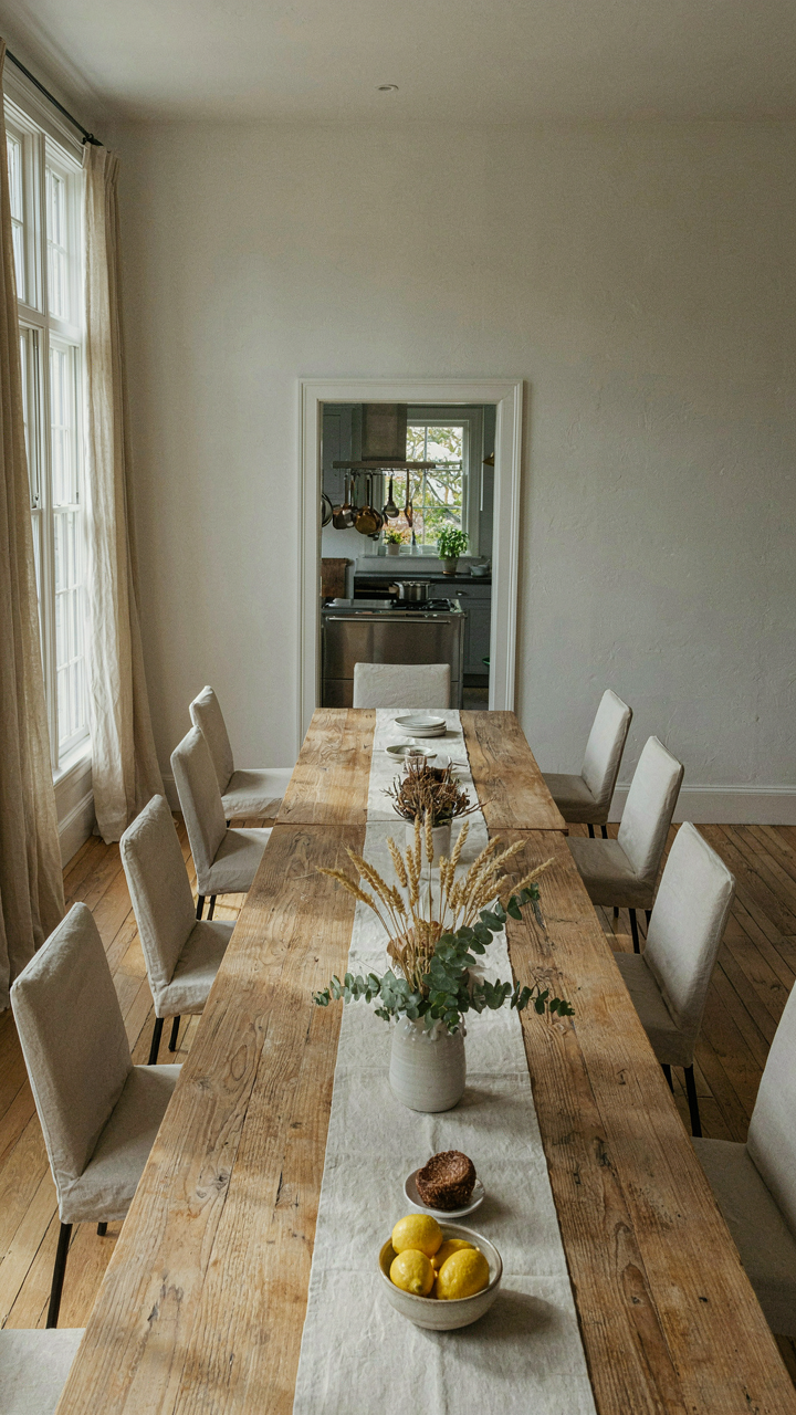 A farmhouse dining room with clear pathways around the central table.