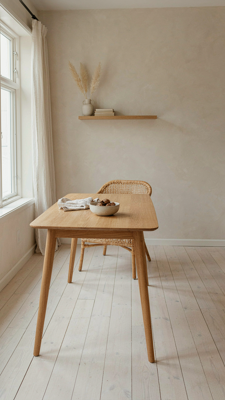A modern country dining room features a simple table and minimal decor, creating visual calm.