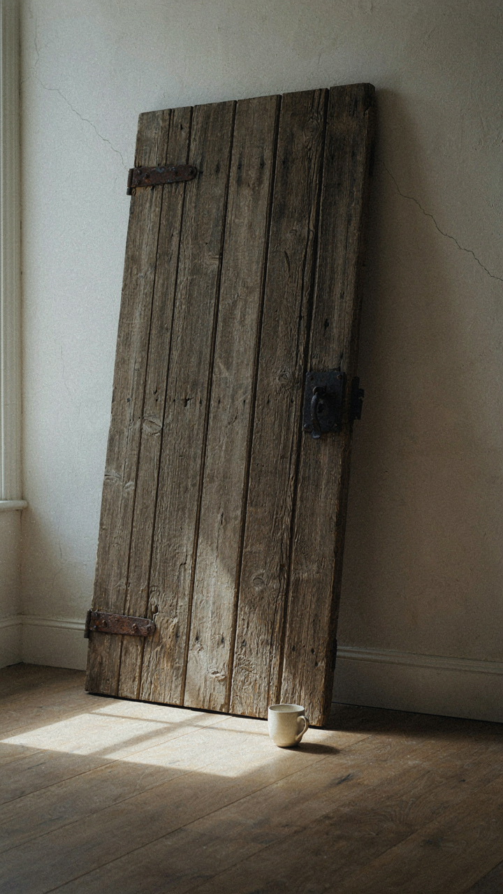 An old barn door with natural wear leans against a wall in a bedroom.
