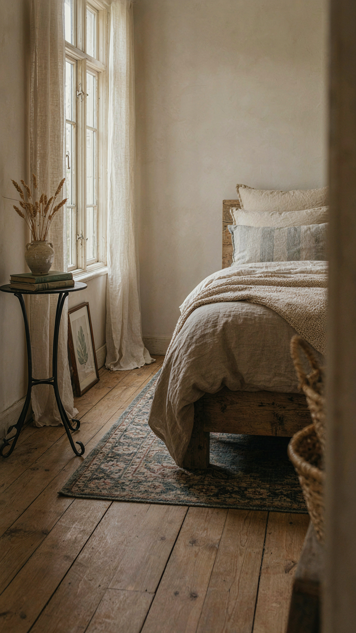A rustic farmhouse bedroom shows a reclaimed wood bed with matching wrought iron furniture.