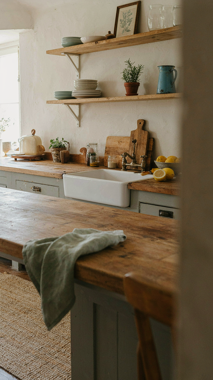An authentic farmhouse kitchen with aged wood and soft off-white walls.