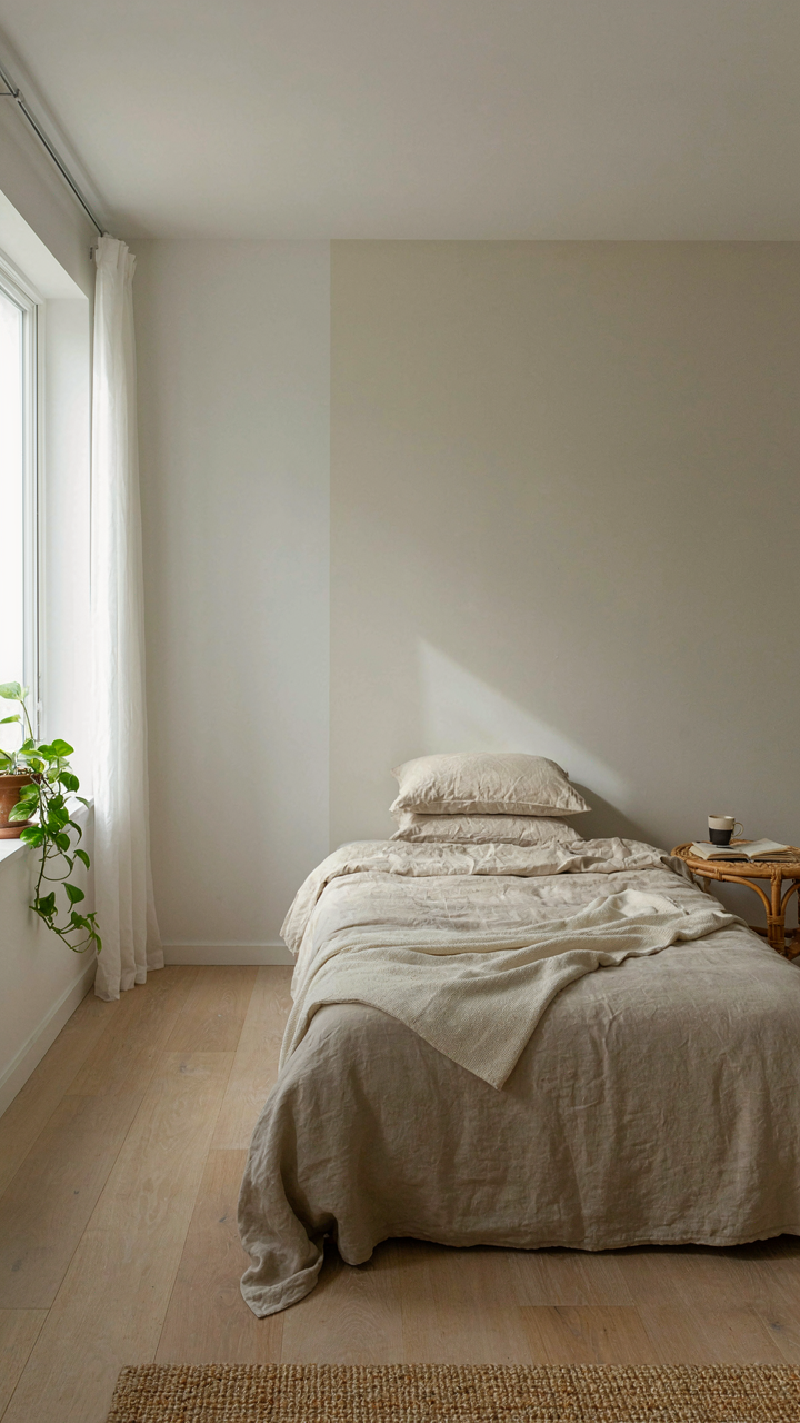 A minimalist farmhouse bedroom with walls in two subtle off-white finishes.