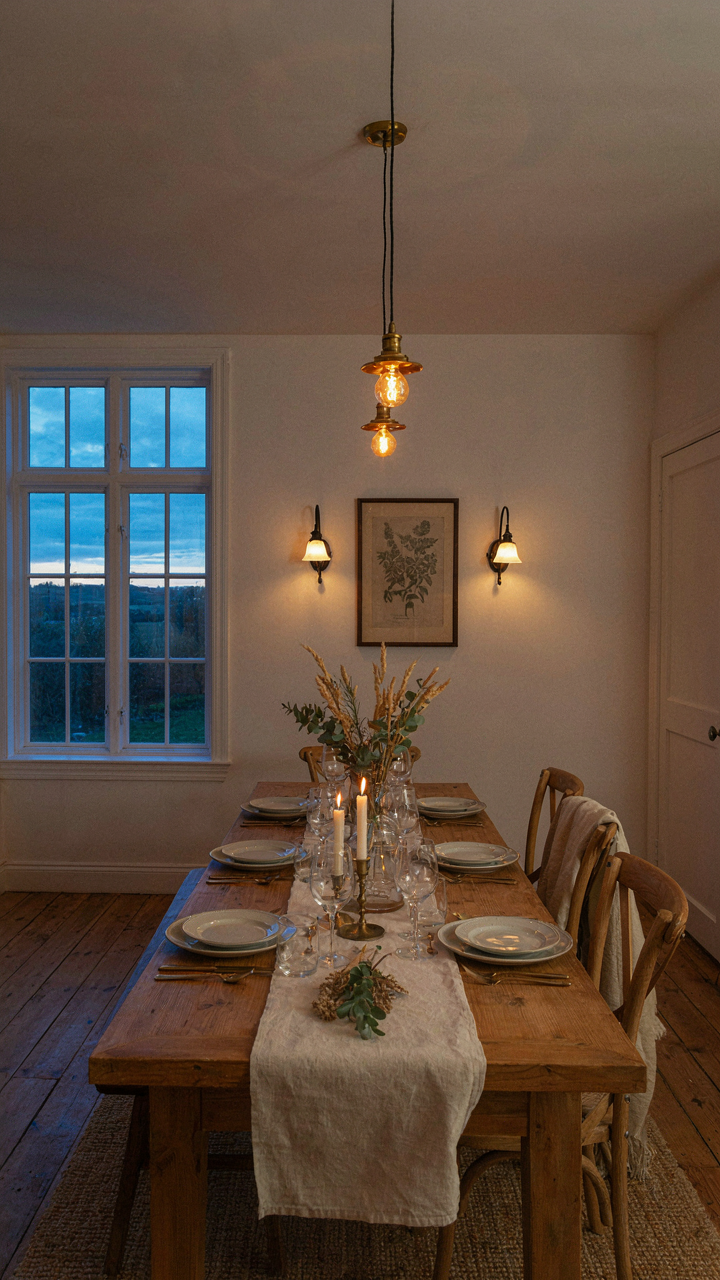 A farmhouse dining room lit with warm, dimmable light and glowing candles.