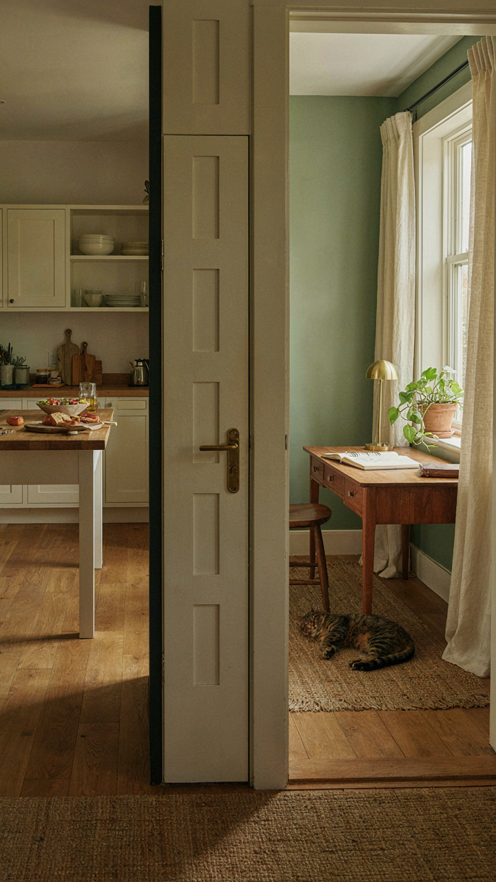 A closed door separating a noisy kitchen from a quiet home office.