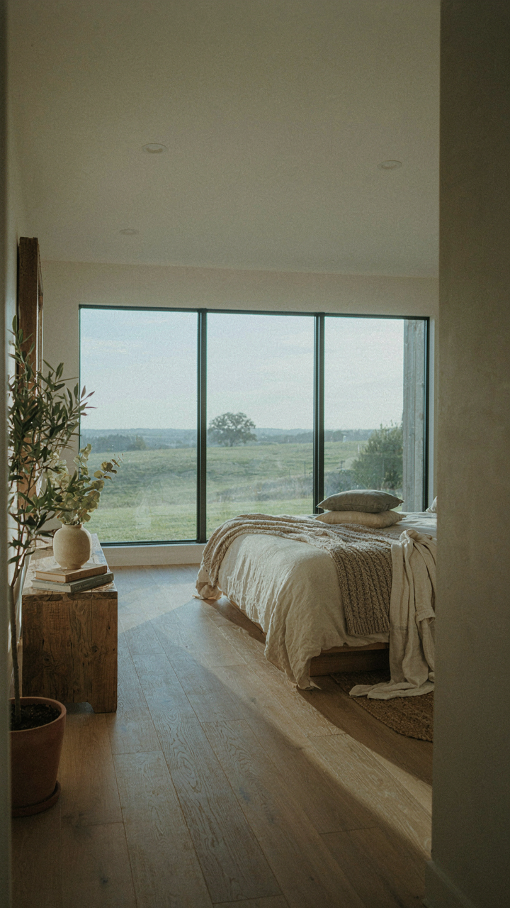 A peaceful primary bedroom in a modern farmhouse, away from noisy living spaces.