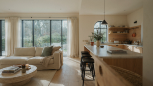 A modern farmhouse living room with an open floor plan, warm lighting, and contemporary decor.