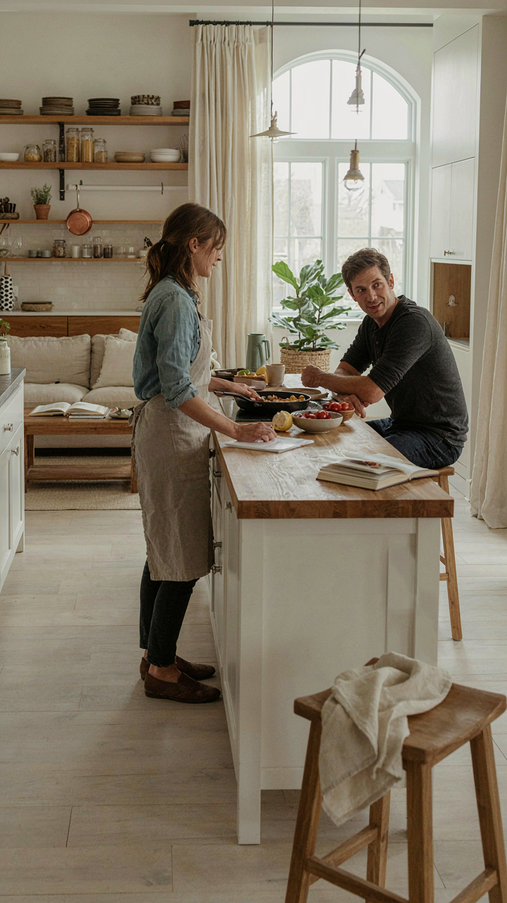 A modern farmhouse kitchen island facing a living area, acting as a social hub.