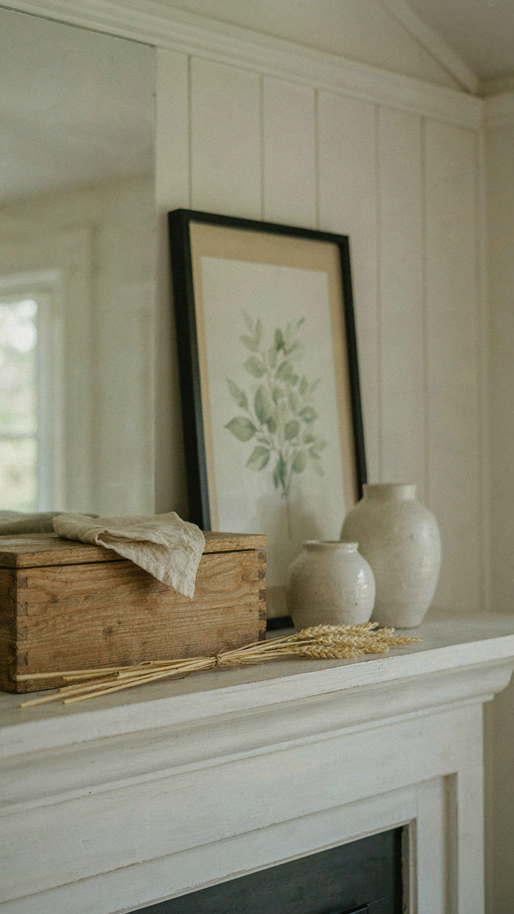A spacious farmhouse mantel features five carefully arranged decorative objects.