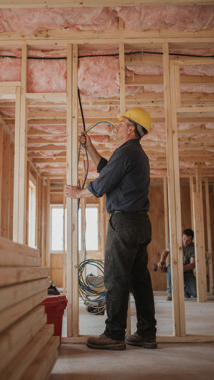 An electrician installing network cables and conduit in the walls of a new farmhouse.