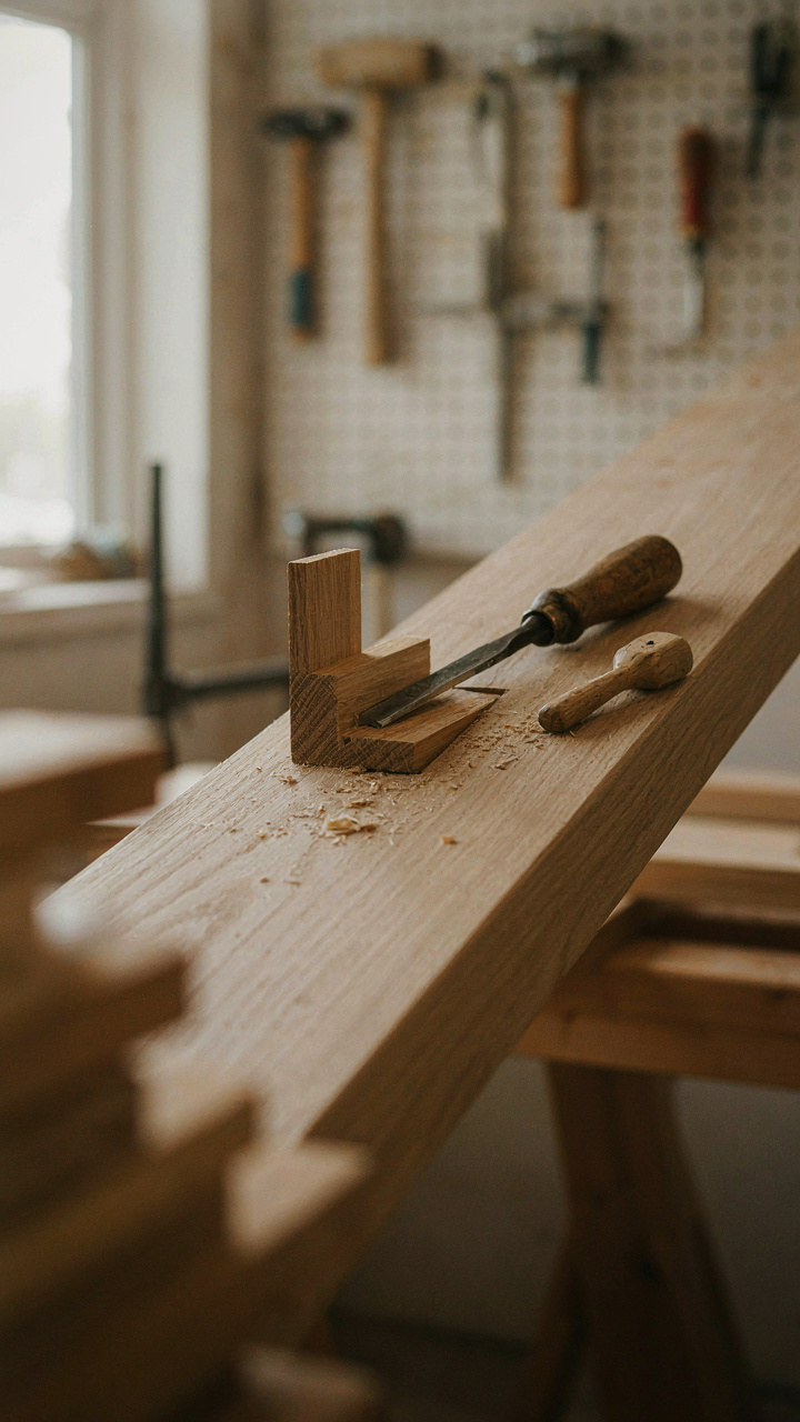 A detailed view of a wooden mortise and tenon joint on a staircase stringer.