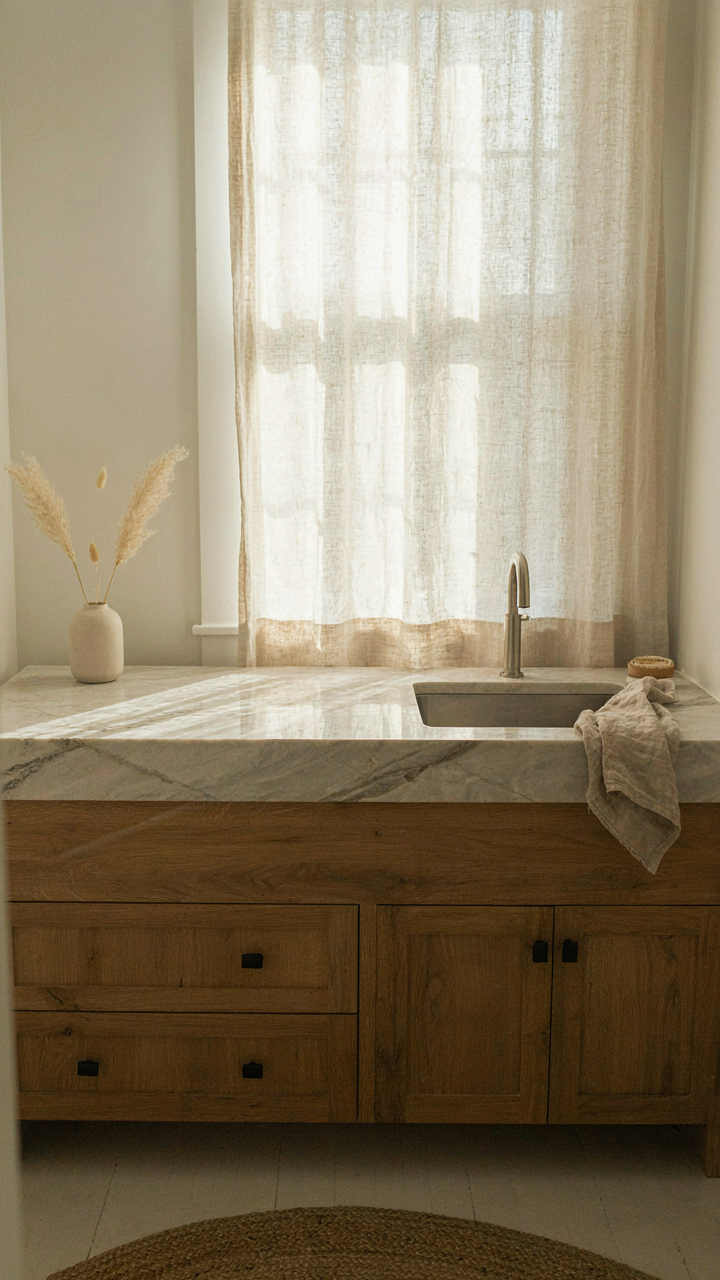 A quartz composite countertop on a farmhouse vanity with a sleek sink.
