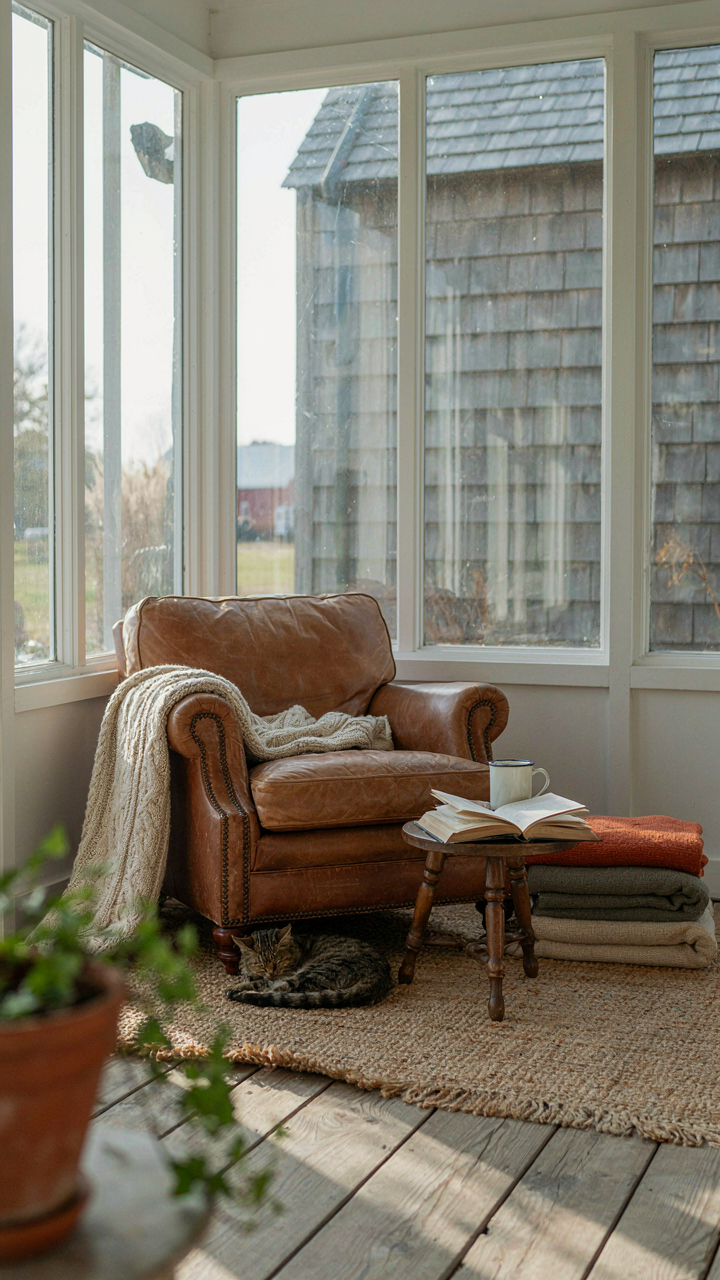 A cozy, glass-enclosed section of a farmhouse wraparound porch is a comfortable sitting area.