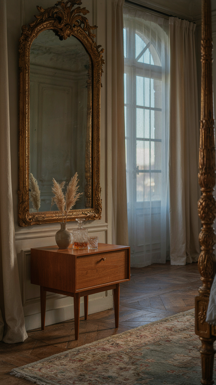 A modern nightstand next to an antique mirror in a chateau bedroom.