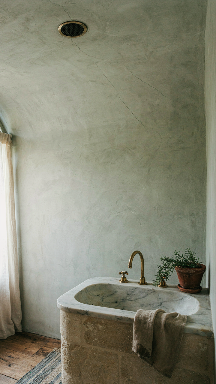 A modern exhaust fan is integrated into a vintage lime-plaster ceiling.
