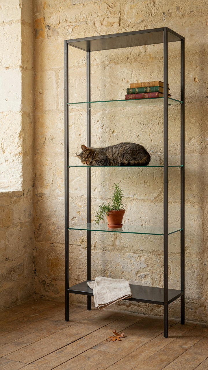 A modern steel shelf stands against an old, rustic limestone wall.