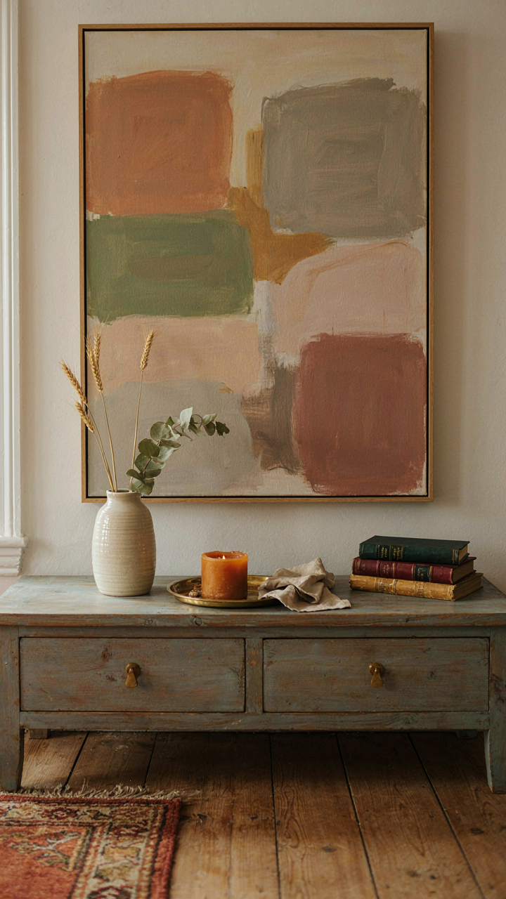 A modern abstract painting above a weathered provincial credenza.