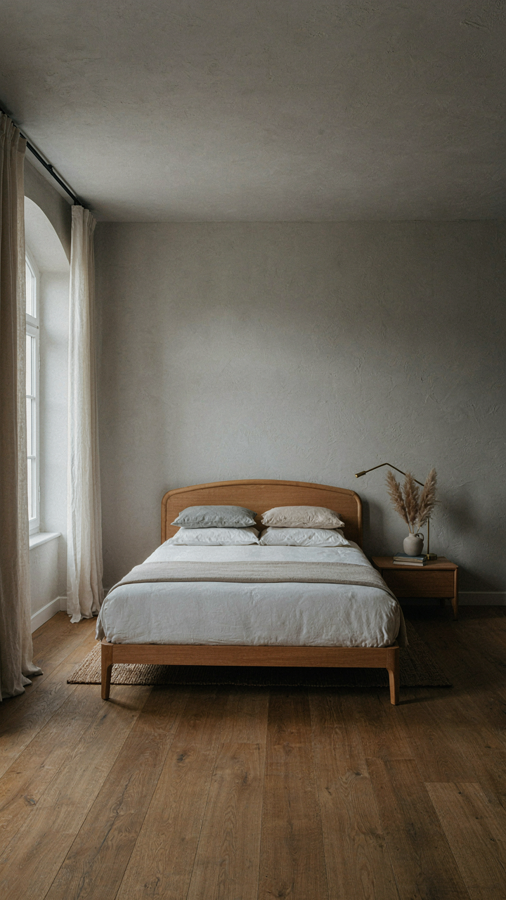 A modern french provincial bedroom features a curved bed frame and simple decor.
