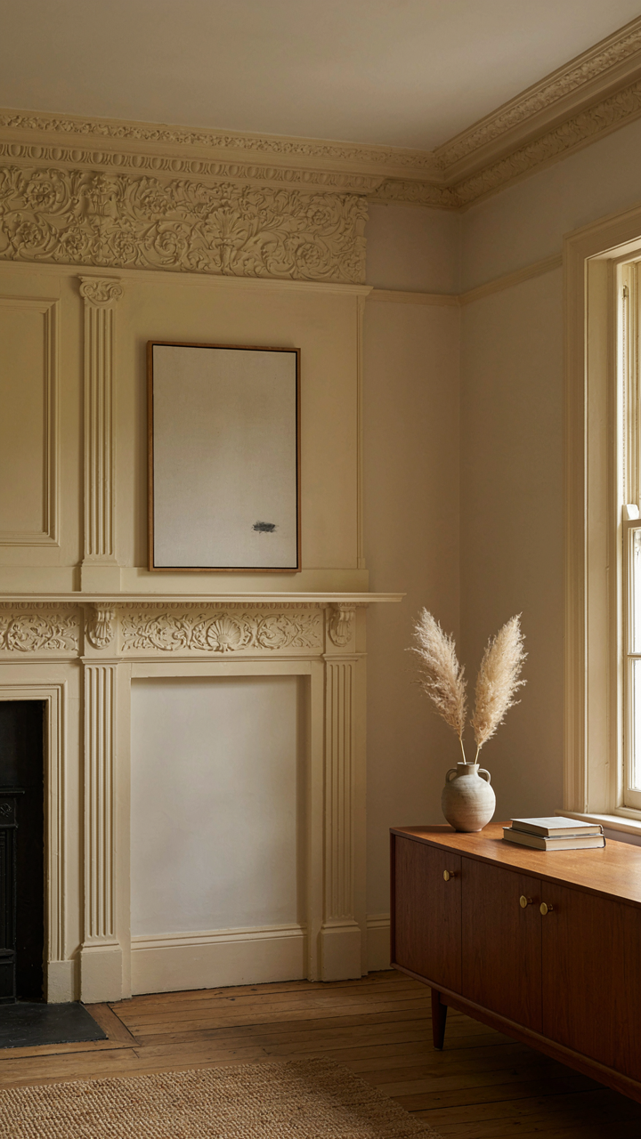 Modern painting over a Georgian chimney breast with a mid-century credenza nearby.