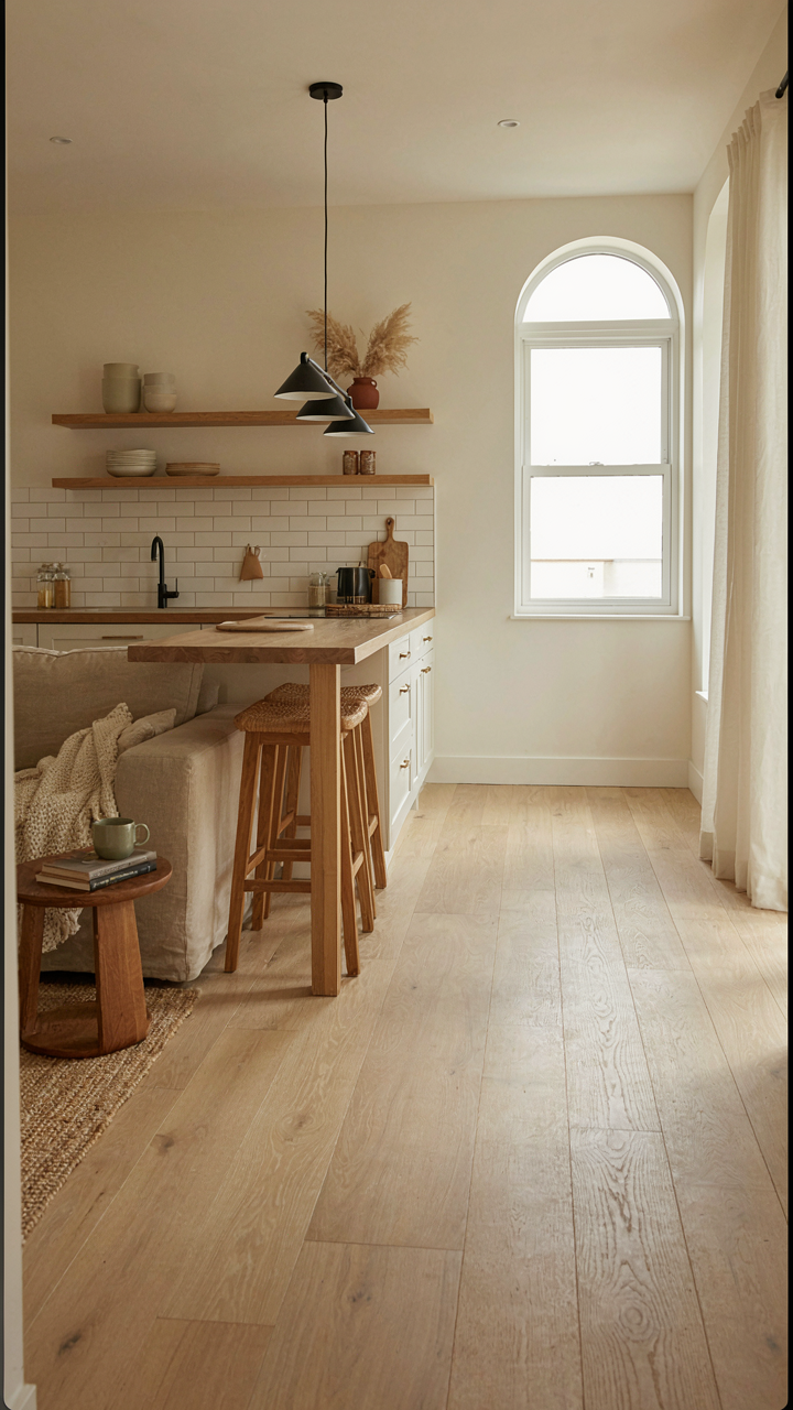 A stylish granny flat interior with neutral colors and subway tile.