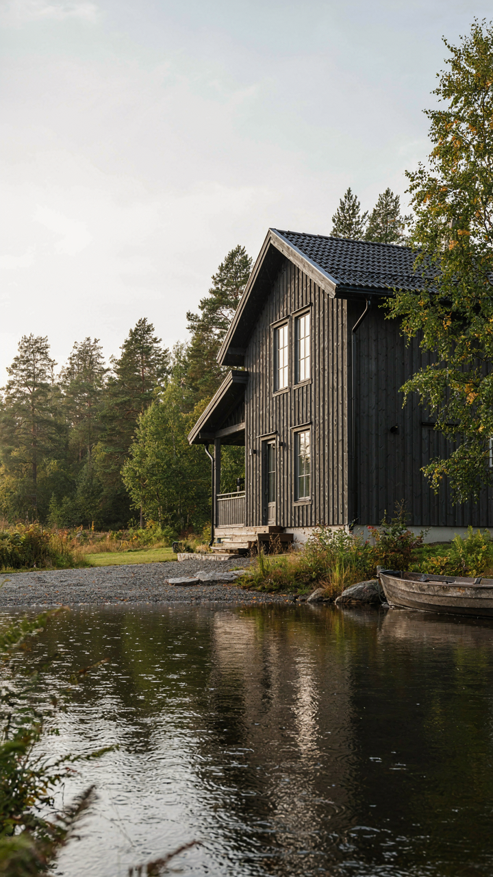 A dark gray Scandinavian lake house shows a steep roof and wide eaves during rain.