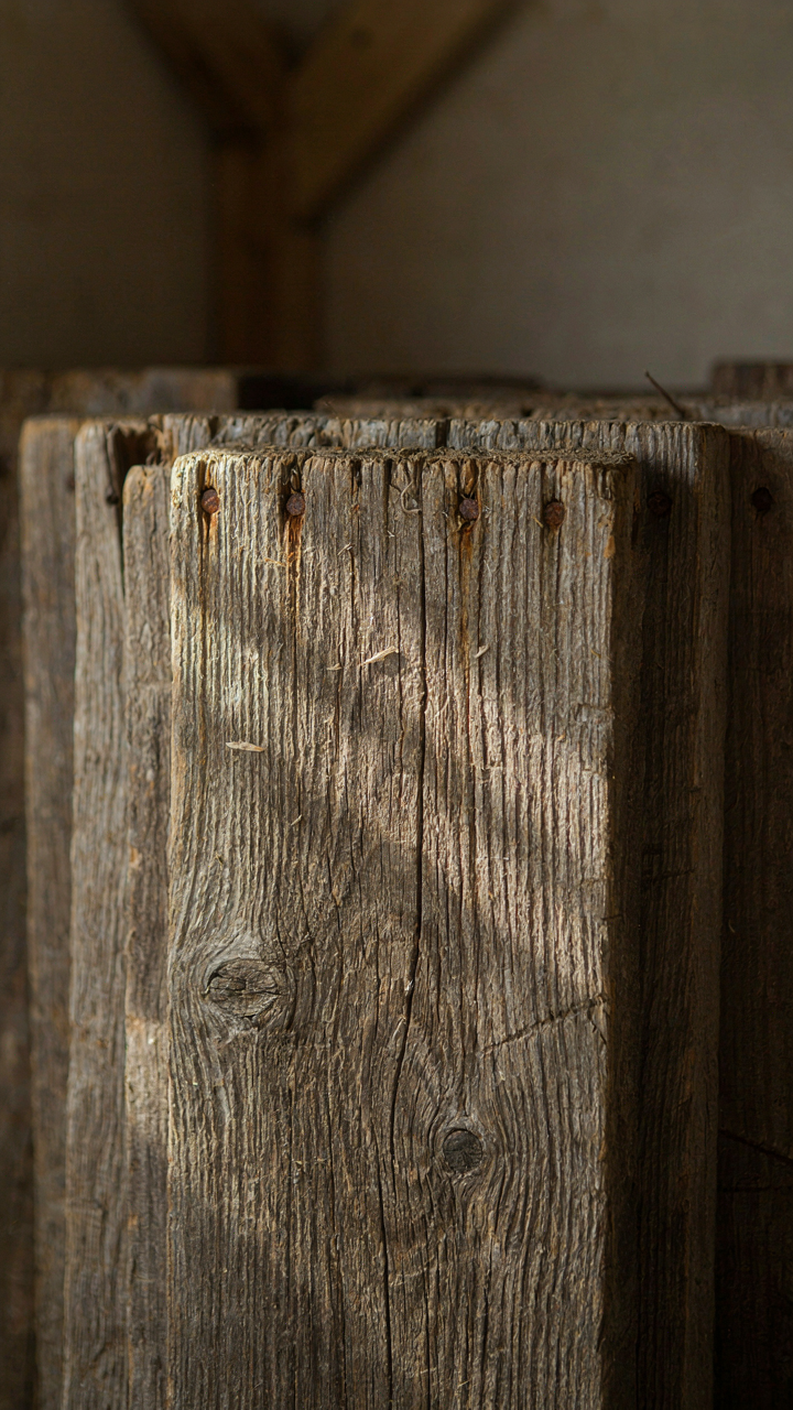 Close-up of old, wide plank barn wood showing a rich, historical patina.