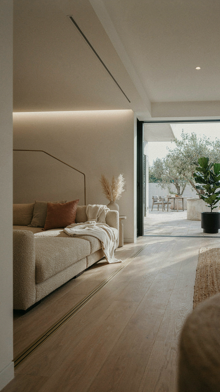 A modern open-plan living room with integrated heating and outdoor connection.