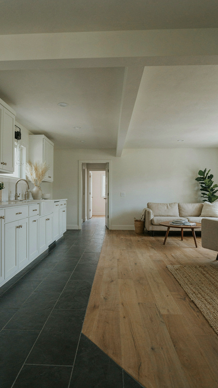 A ranch home interior showing a clear material transition from tile to wood flooring.