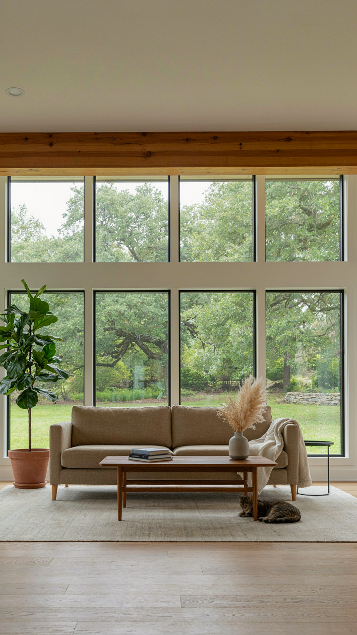 A modern ranch interior showing large windows that extend the visual space.