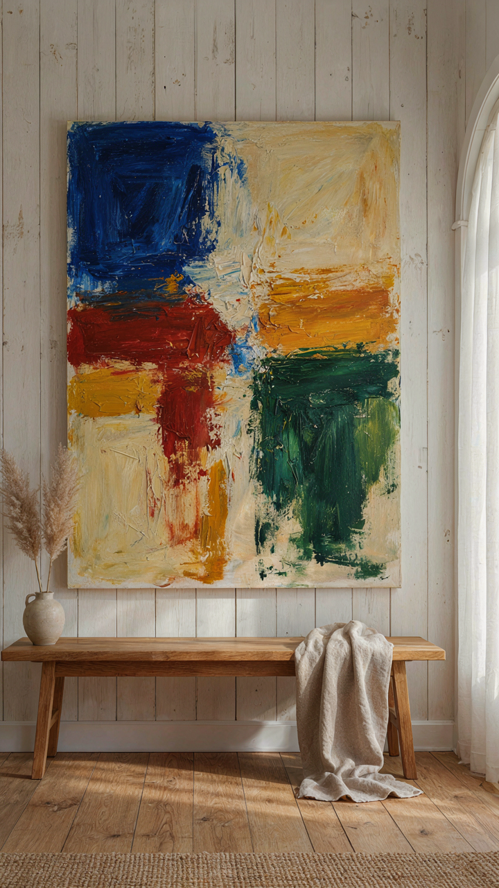 A large abstract painting hangs at eye level on a wall in a barn house living room.