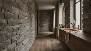 A modern rustic bathroom blends natural stone and warm wood under bright natural light.
