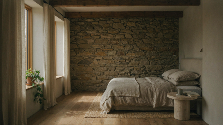 A peaceful modern rustic bedroom with a made bed and natural light.