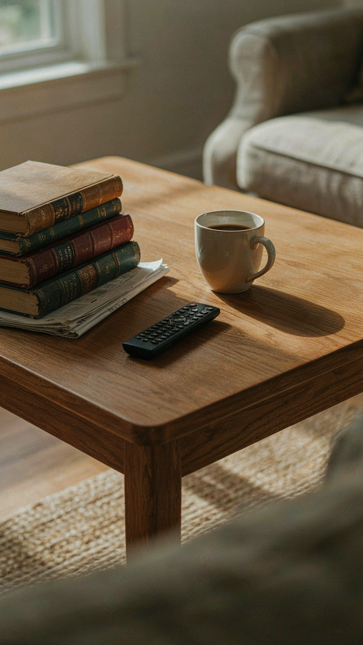 A wooden coffee table with everyday items like books and a mug.