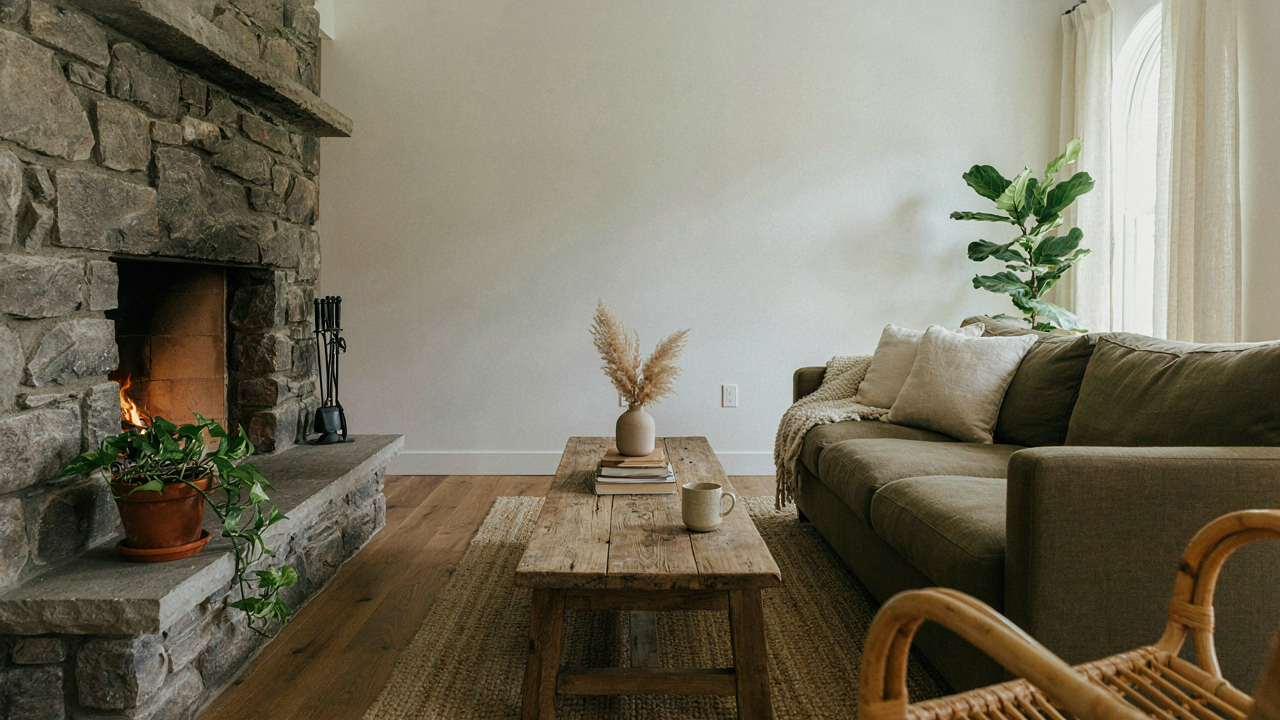 A modern rustic living room with a stone fireplace and an olive green sofa.