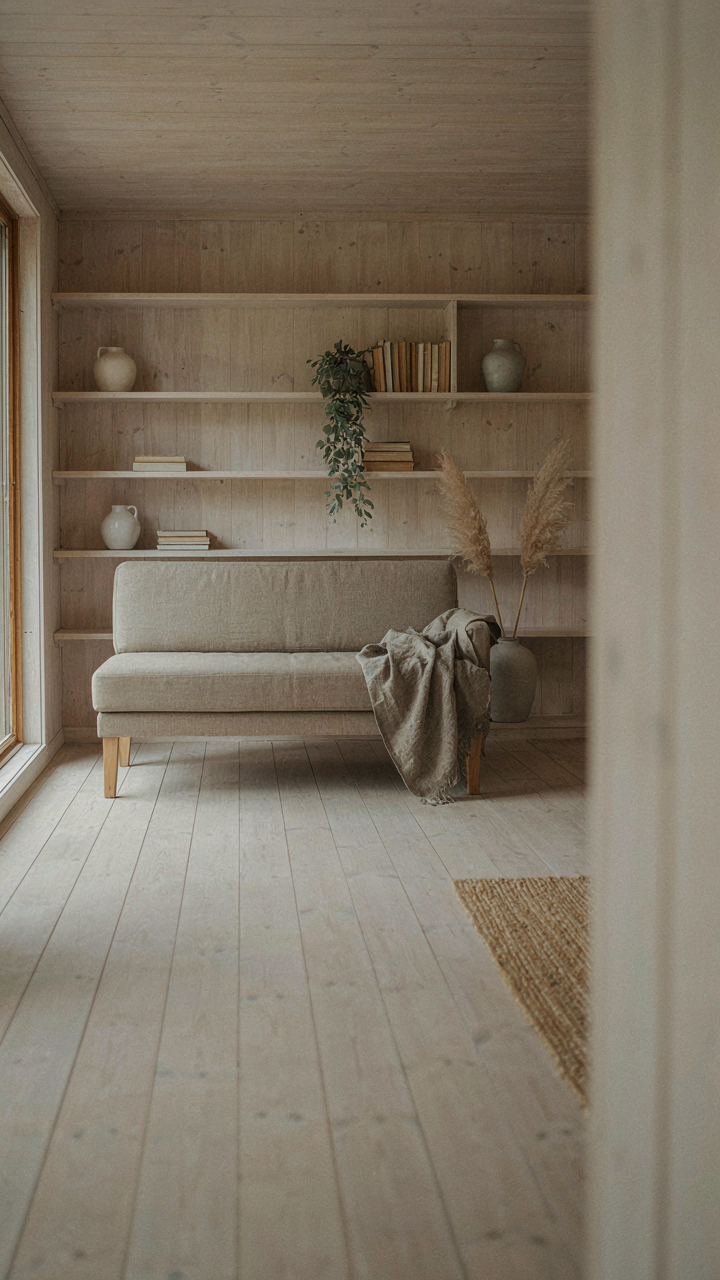 Pale birch wood flooring extends into built-in shelves in a cabin.