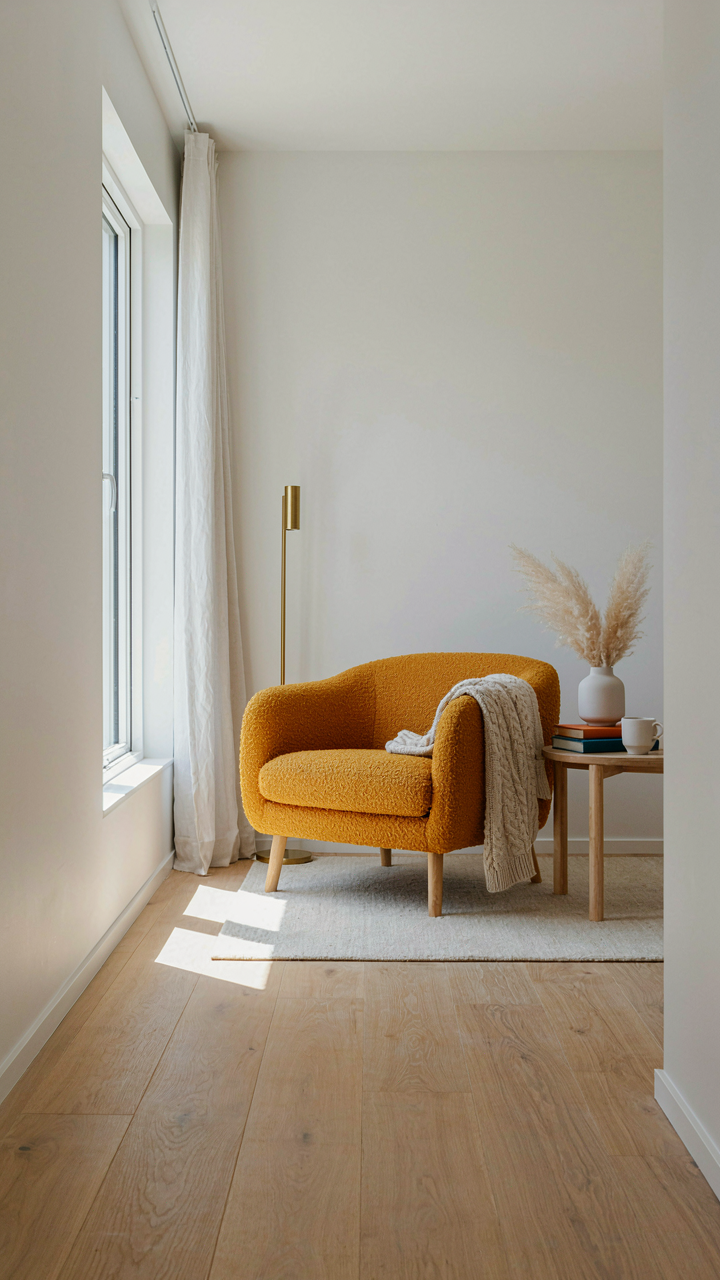 Bright light enters a scandinavian cabin living room through high windows.